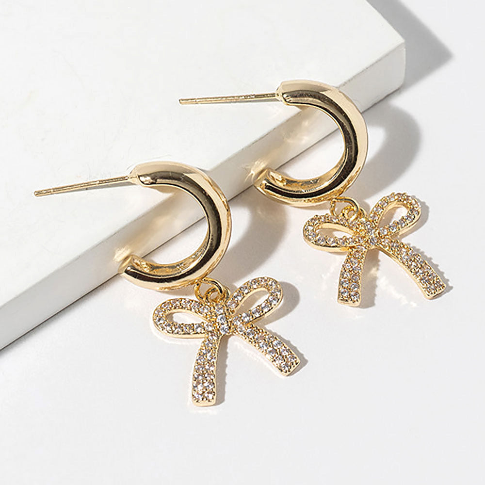 Madeline Love Clear, Gold Gold Dipped CZ Stone Paved Bow Drop Dangle Mini Hoop Earrings