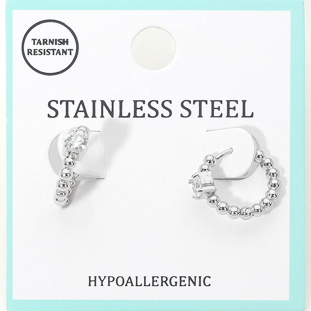 Madeline Love Clear, Rhodium Stainless Steel Solitaire Accent Beaded Mini Huggie Hoop Earrings - Jewelry