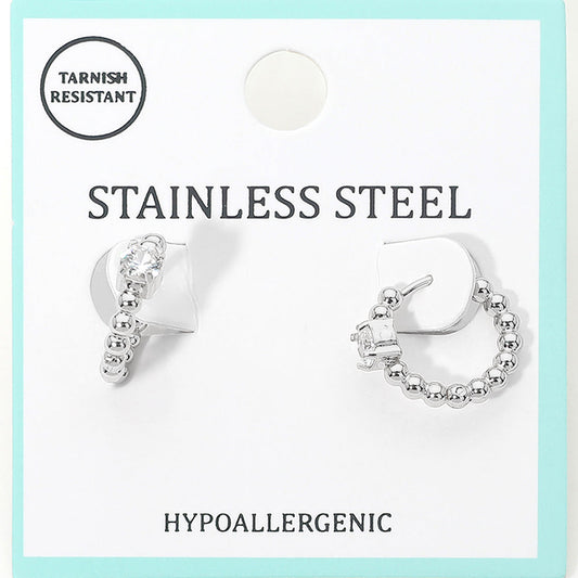 Madeline Love Clear, Rhodium Stainless Steel Solitaire Accent Beaded Mini Huggie Hoop Earrings - Jewelry