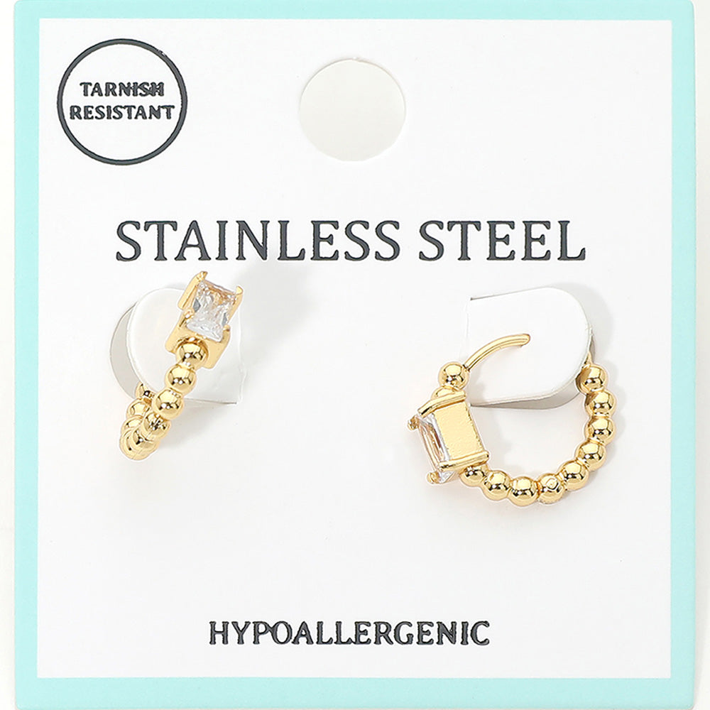 Madeline Love Clear, Gold Stainless Steel Rectangular Stone Accent Beaded Mini Huggie Hoop Earrings - Jewelry