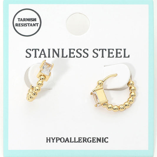 Madeline Love Clear, Gold Stainless Steel Rectangular Stone Accent Beaded Mini Huggie Hoop Earrings - Jewelry