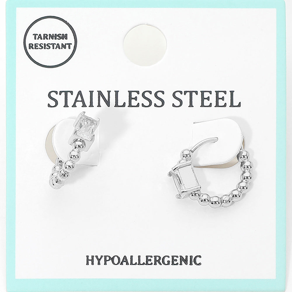 Madeline Love Clear, Rhodium Stainless Steel Rectangular Stone Accent Beaded Mini Huggie Hoop Earrings - Jewelry