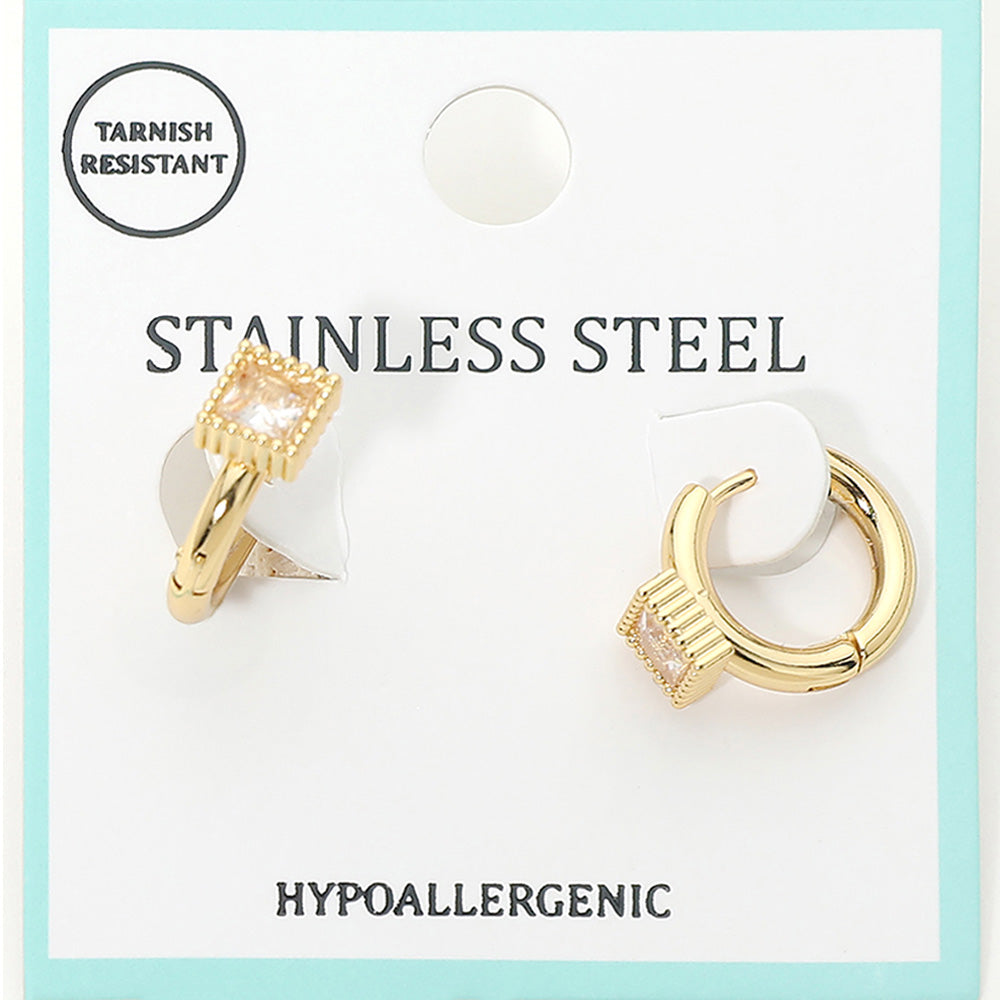 Madeline Love Clear, Gold Stainless Steel Square Stone Accent Mini Huggie Hoop Earrings - Jewelry