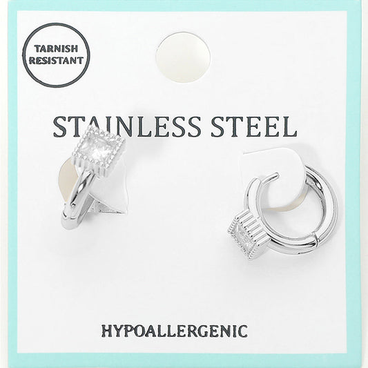 Madeline Love Clear, Rhodium Stainless Steel Square Stone Accent Mini Huggie Hoop Earrings - Jewelry
