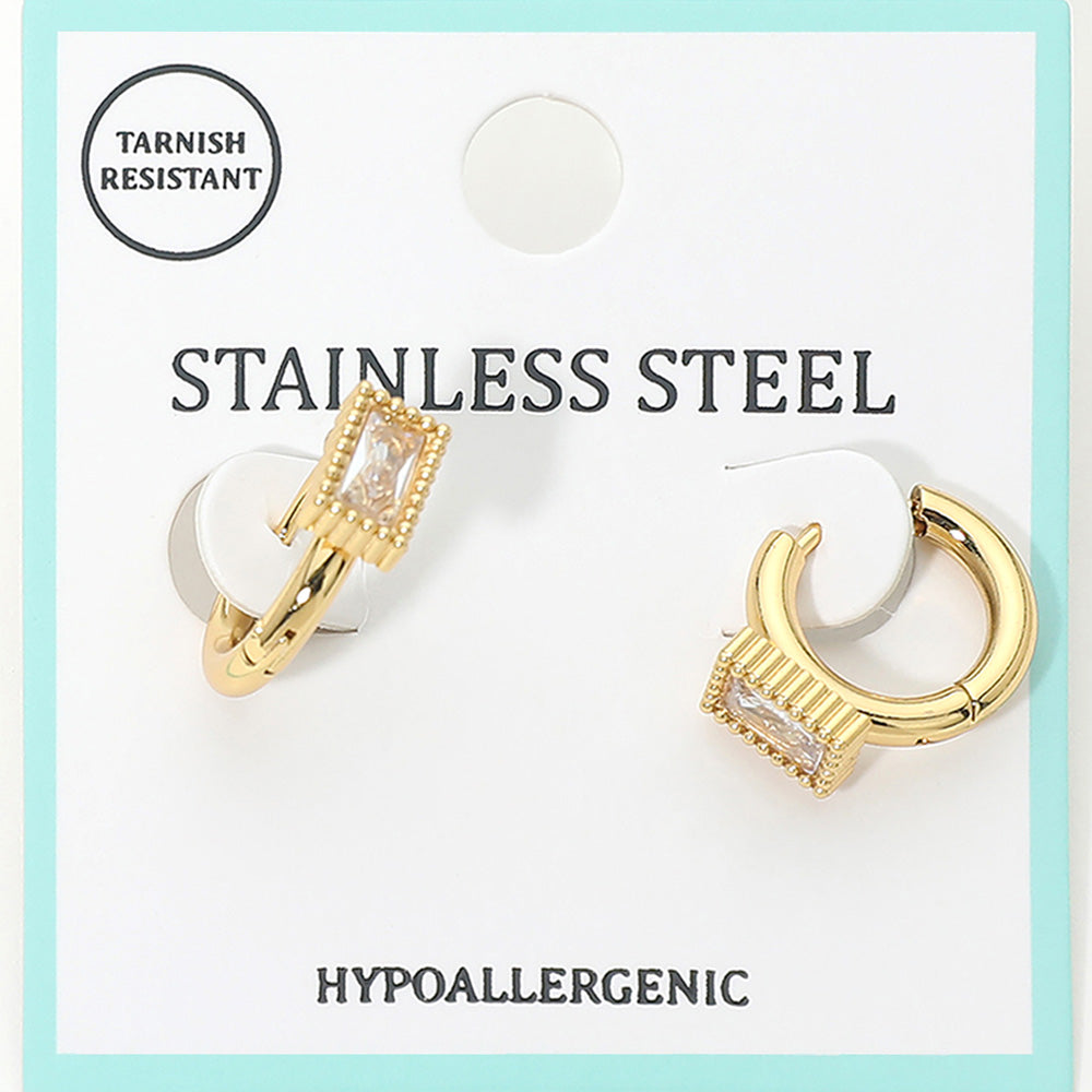 Madeline Love Clear, Gold Stainless Steel Baguette Stone Accent Mini Huggie Hoop Earrings - Jewelry