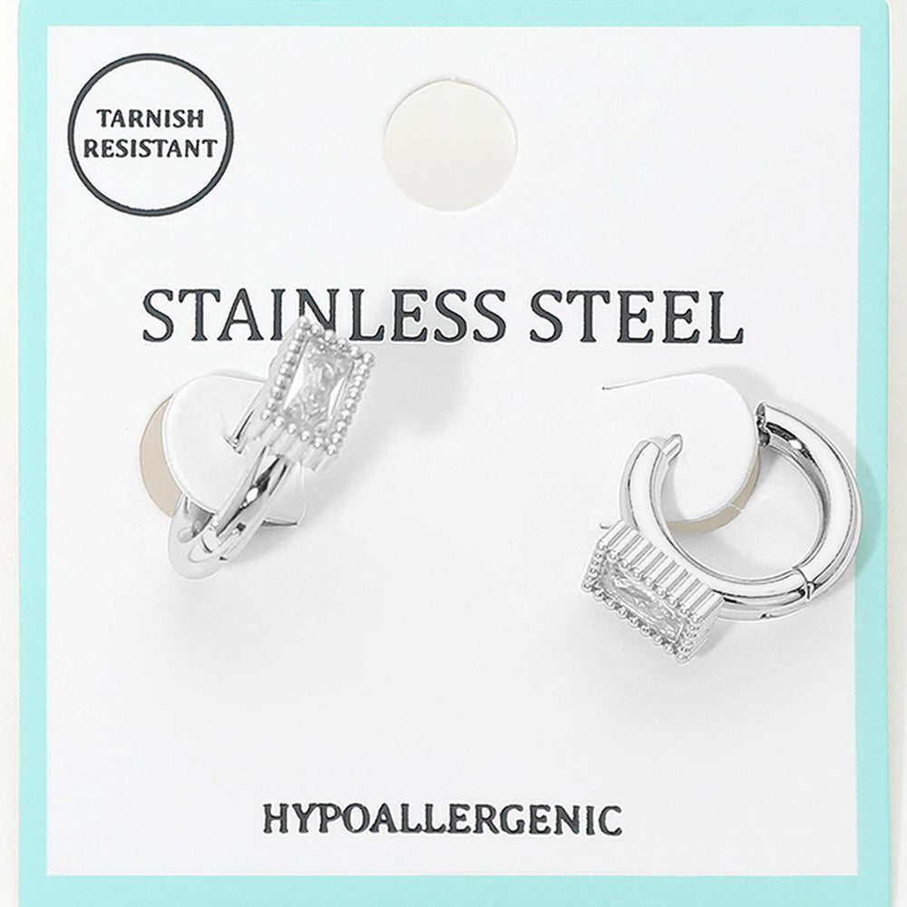 Madeline Love Clear, Rhodium Stainless Steel Baguette Stone Accent Mini Huggie Hoop Earrings - Jewelry