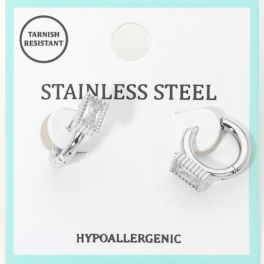 Madeline Love Clear, Rhodium Stainless Steel Baguette Stone Accent Mini Huggie Hoop Earrings - Jewelry