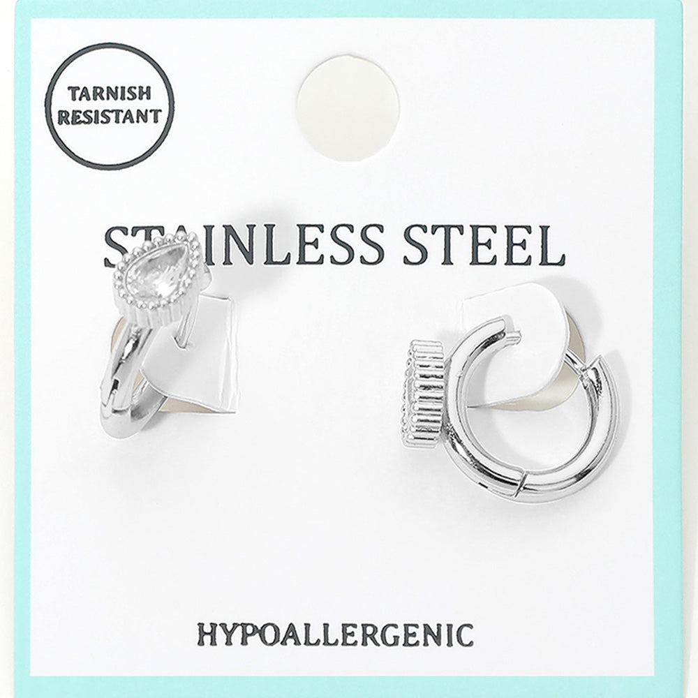 Madeline Love Rhodium Stainless Steel Teardrop Stone Accent Mini Huggie Hoop Earrings - Jewelry