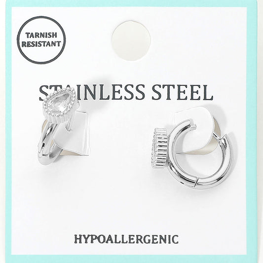 Madeline Love Rhodium Stainless Steel Teardrop Stone Accent Mini Huggie Hoop Earrings - Jewelry