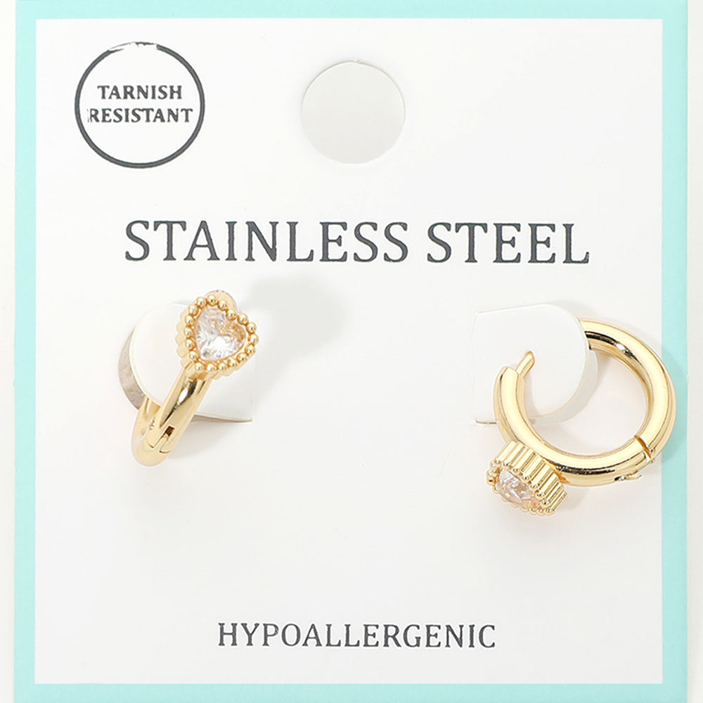 Madeline Love Clear, Gold Stainless Steel Heart Stone Accent Mini Huggie Hoop Earrings - Jewelry
