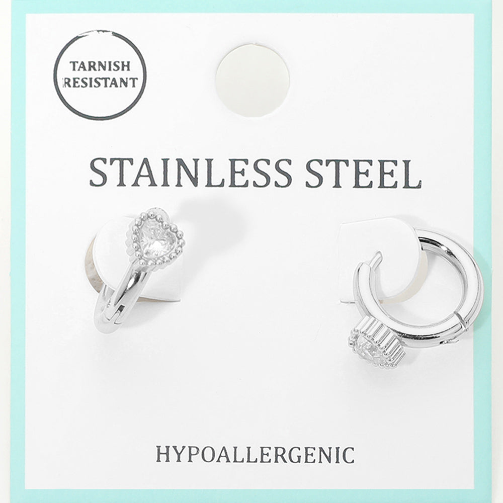 Madeline Love Clear, Rhodium Stainless Steel Heart Stone Accent Mini Huggie Hoop Earrings - Jewelry
