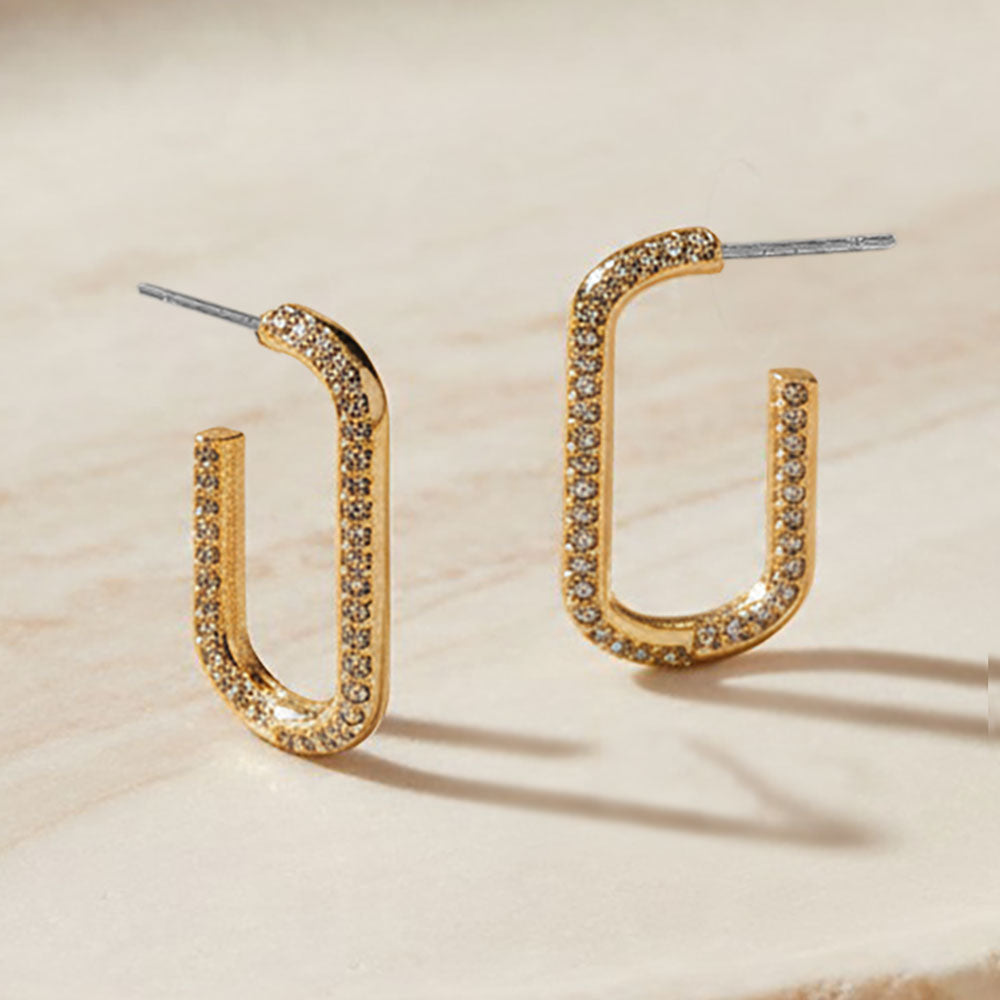 Madeline Love Clear, Gold Crystal Pave Open Rectangle Hoop Earrings