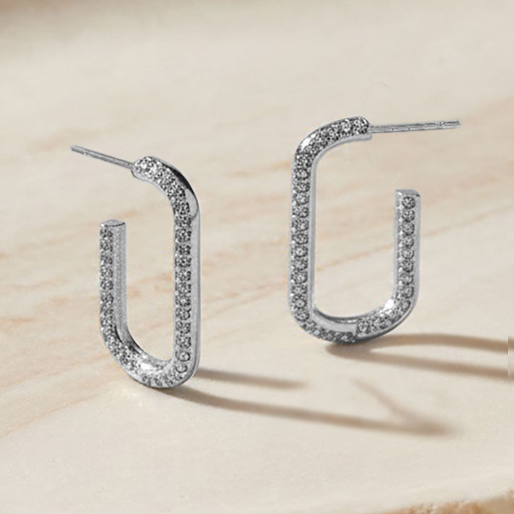 Madeline Love Clear, Rhodium Crystal Pave Open Rectangle Hoop Earrings