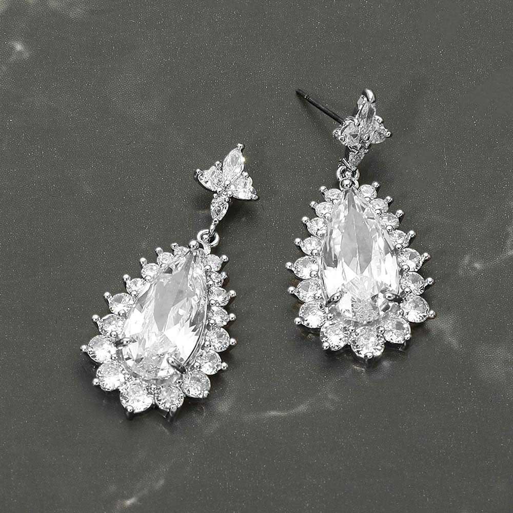 Madeline Love Clear, Rhodium Teardrop CZ Halo Drop Evening Earrings