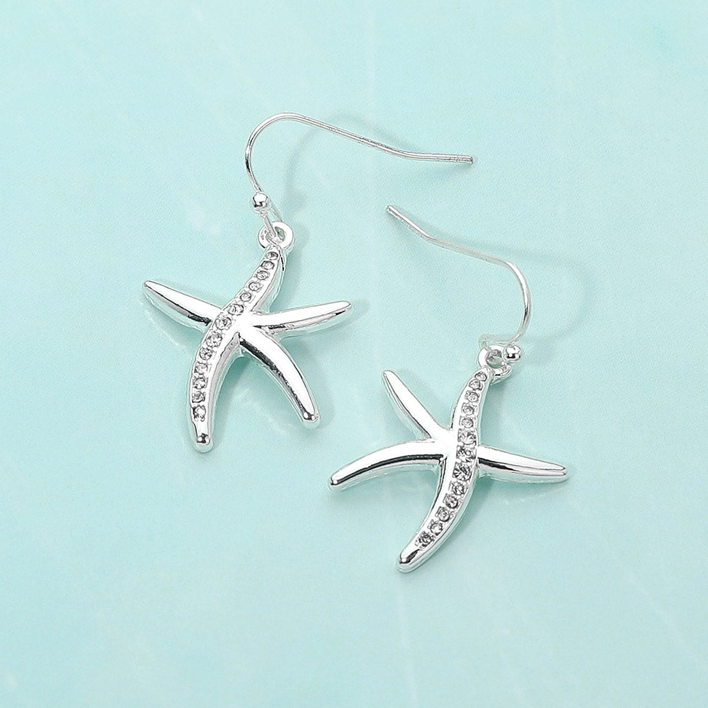 Madeline Love Clear, Silver Stone Paved Starfish Dangle Earrings - Jewelry