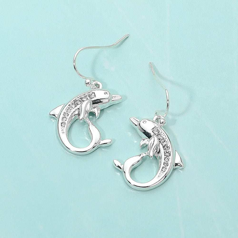 Madeline Love Clear, Silver Stone Paved Dolphin Dangle Earrings - Jewelry