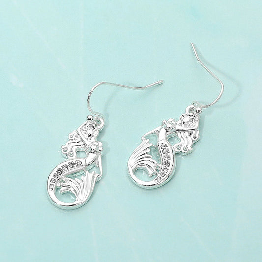 Madeline Love Clear, Silver Stone Paved Mermaid Dangle Earrings - Jewelry