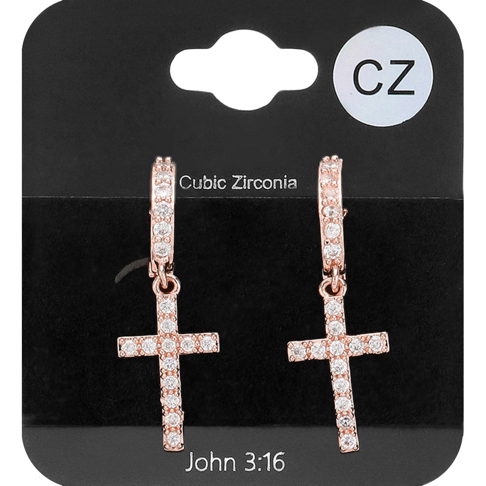 Madeline Love Rose Gold CZ Stone Paved Cross Dangle Huggie Earrings - Jewelry