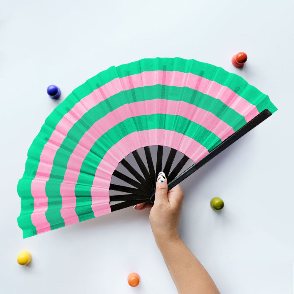 Madeline Love Pink&Green Color Block Striped Folding Line Dance Hand Fan - Jewelry
