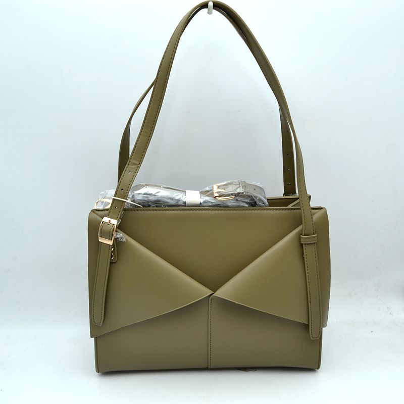 Geometric Envelope Flap Multi-Compartment Tote Bag with Long Shoulder Straps - Olive Green - Tote Bag