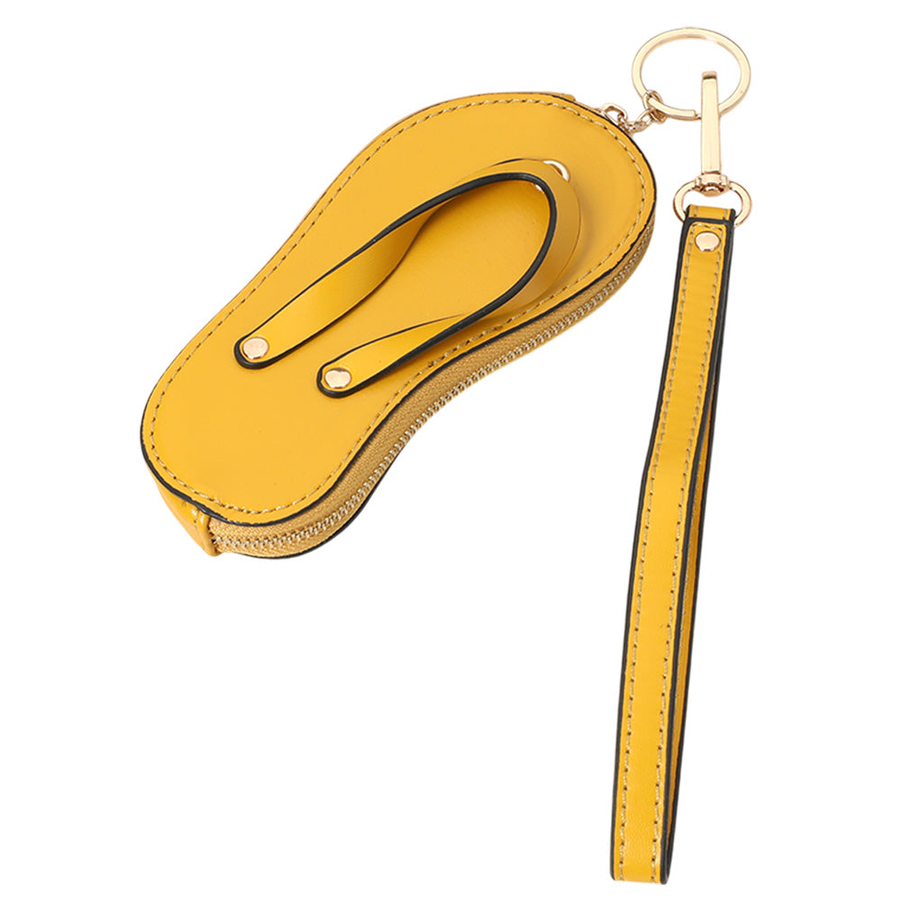 Faux Leather Flip-flop Mini Wristlet Bag Charm Coin Purse - Mustard - Coin Purses