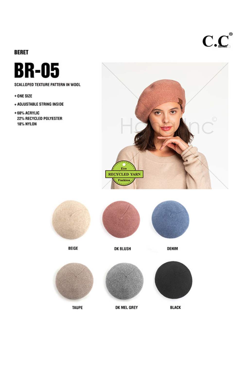 Main The C.C Scalloped Texture Pattern Wool Beret Beanie features a distinctive scalloped texture that adds visual interest to your everyday look. Crafted from a comfortable blend of 60% acrylic, 22% recycled polyester, and 18% nylon, this beret offers a soft feel with excellent durability. The stretchy construction ensures a perfect fit for most head sizes while maintaining its shape throughout the day.