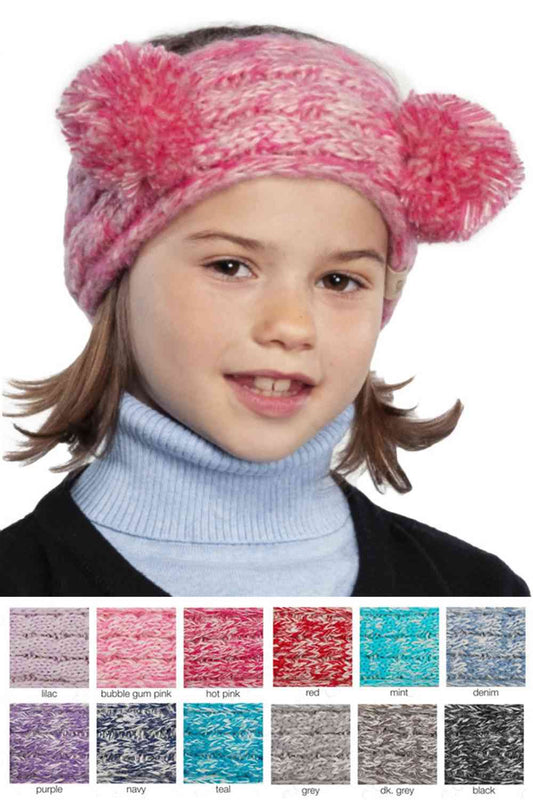 Main Cozy two-tone kids head wrap featuring a soft fuzzy lining for extra warmth and comfort. Double pom-pom design adds playful style perfect for cold weather. Crafted from 100% acrylic for durability and easy care. One size fits most children. A practical accessory that keeps little ones warm while looking adorable.