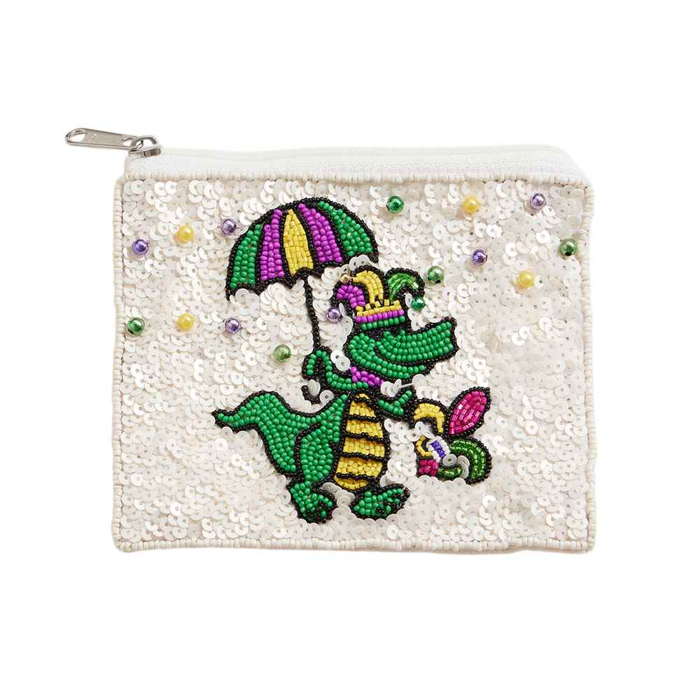 Mardi Gras Alligator Sequin Pearl Ball Seed Beaded Mini Pouch Bag adds festive flair to any outfit. The intricate alligator sequin design, combined with pearl and seed beads, creates a unique and eye-catching accessory. Perfect for carrying small essentials, this mini pouch bag is a must-have for any celebration. 