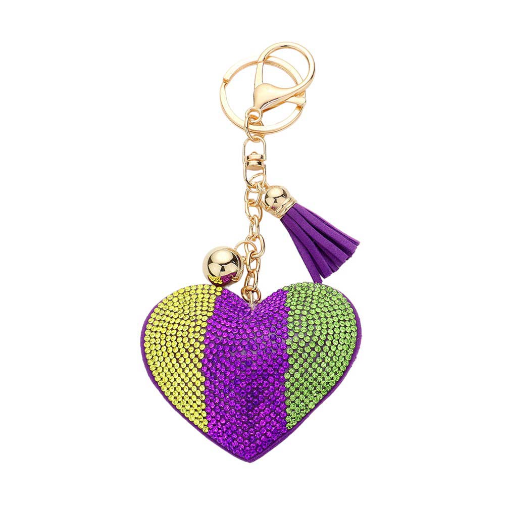 Mardi Gras Bling Heart Tassel Keychain, Add a touch of celebration and flair to your keys with our Mardi Gras Keychain. Made with high-quality materials, this keychain features a dazzling bling heart and a fun tassel. Show off your love for Mardi Gras and hold your keys with this stylish and practical accessory.