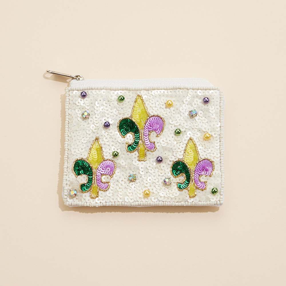 Mardi Gras Fleur de Lis Sequin Stone Pearl Ball Seed Beaded Mini Pouch Bag is a festive and stylish addition to any accessories collection. Crafted with intricate detailing, it adds a touch of elegance to any outfit. Its compact size makes it ideal for carrying essential items on the go.