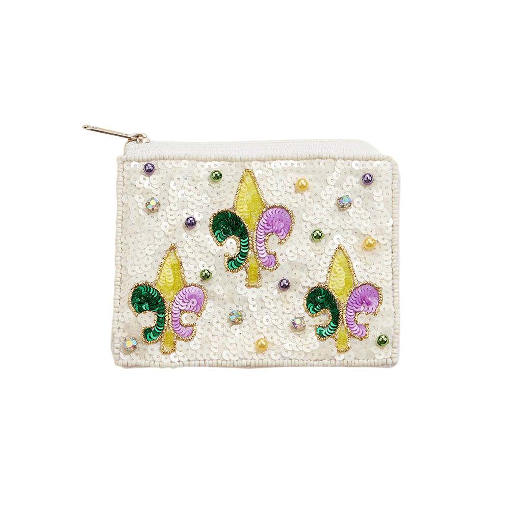 Mardi Gras Fleur de Lis Sequin Stone Pearl Ball Seed Beaded Mini Pouch Bag is a festive and stylish addition to any accessories collection. Crafted with intricate detailing, it adds a touch of elegance to any outfit. Its compact size makes it ideal for carrying essential items on the go.