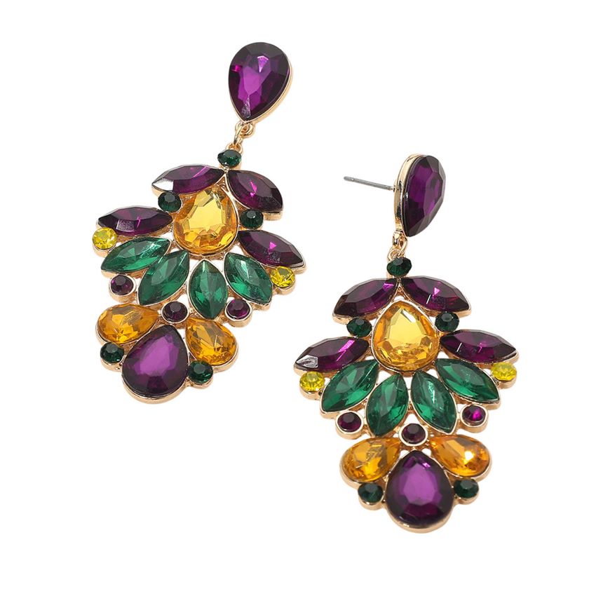 Gold Elegant statement drop earrings featuring a layered, faceted stone design inspired by floral and leaf shapes. Crafted to catch the light from every angle, these earrings add dramatic sophistication to evening looks, special occasions, and boutique collections seeking bold, standout accessories.