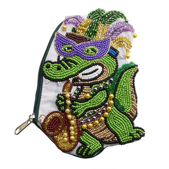 Multi Festive zipper pouch featuring a playful alligator character inspired by Mardi Gras celebration themes. Designed for storing cosmetics, coins, keys, or small accessories, this novelty pouch adds fun personality to seasonal collections, party assortments, gift shops, and festival-focused retail displays while offering practical everyday organization.