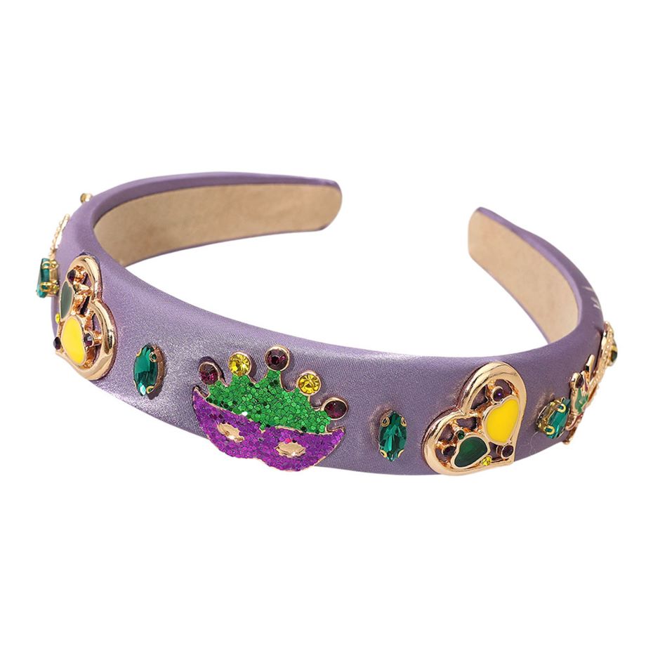 Gold Add festive flair to your celebration look with this embellished headband featuring sparkling gems, themed icons, and a striking mask motif. Designed for comfort and eye-catching style, it enhances parade outfits, party ensembles, and any spirited event attire.
