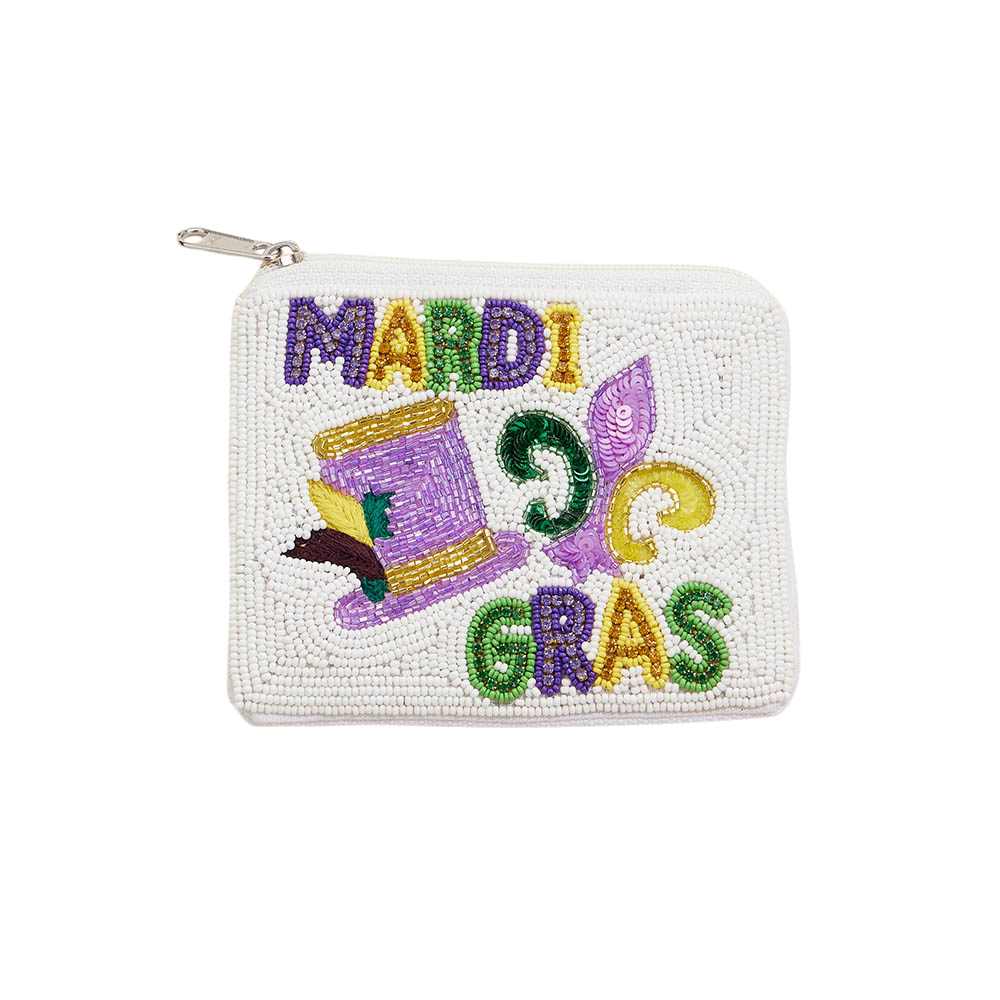 Mardi Gras Message Fleur de Lis Hat Stone Seed Beaded Mini Pouch Bag is the perfect accessory for any festive occasion. Intricate beadwork and vibrant colors make it a stylish addition to any outfit. Keep essentials close by with this mini pouch bag while showcasing your love for Mardi Gras. 