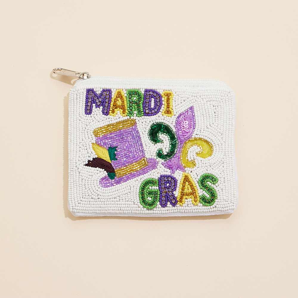 Mardi Gras Message Fleur de Lis Hat Stone Seed Beaded Mini Pouch Bag is the perfect accessory for any festive occasion. Intricate beadwork and vibrant colors make it a stylish addition to any outfit. Keep essentials close by with this mini pouch bag while showcasing your love for Mardi Gras. 