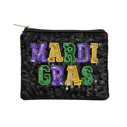 Mardi Gras Message Sequin Seed Beaded Mini Pouch Bag is the perfect accessory for any festive event. Adorned with vibrant sequins and beads, it adds sparkle and fun to any outfit. The mini pouch design makes it convenient for carrying essentials on the go. Celebrate in style with this must-have bag. 