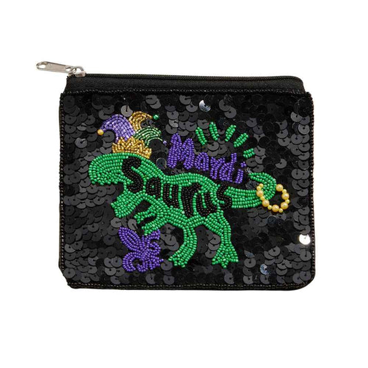 Mardi Gras Saurus Sequin Seed Beaded Mini Pouch Bag adds a touch of sparkle to your outfit. Intricate beadwork and playful sequins create a festive and eye-catching design. This compact pouch is perfect for keeping essentials close, making it ideal for special occasions and events.