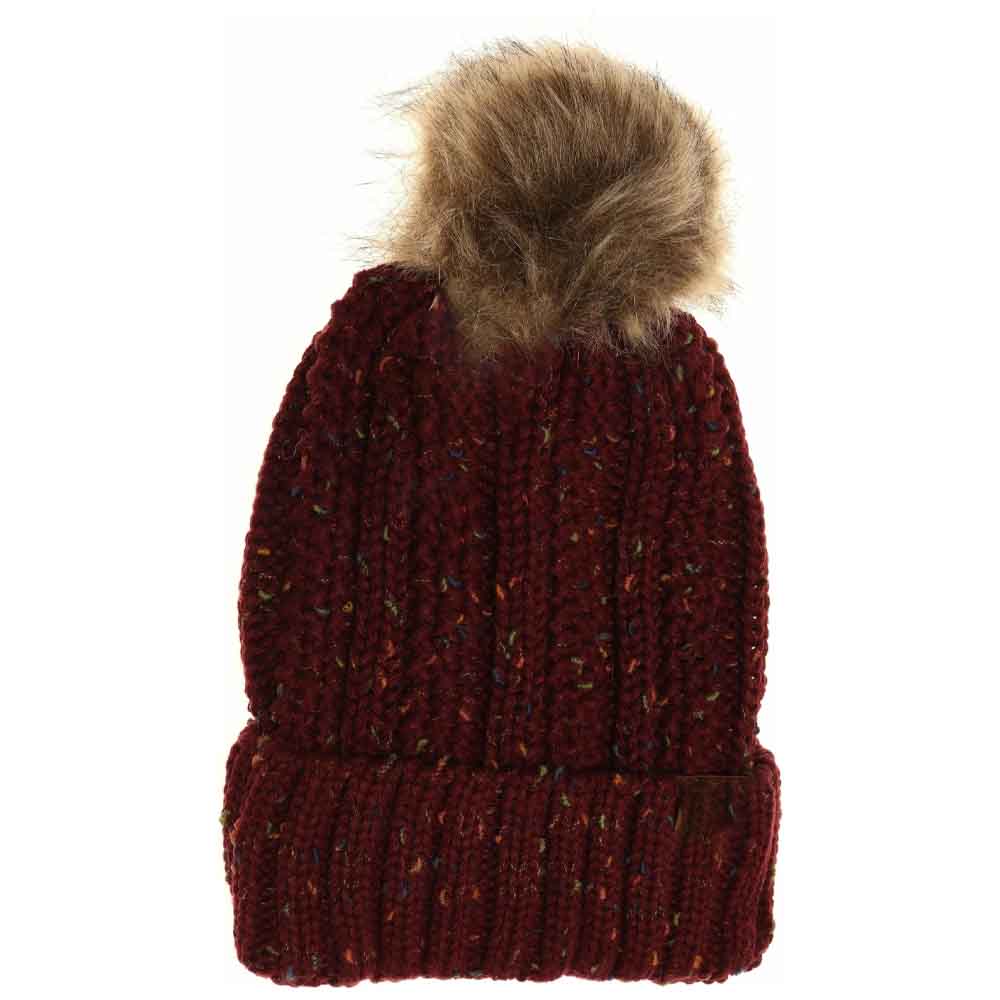 Fuzzy Lined Flecked Fur Pom C.C Beanie - Maroon - Beanies