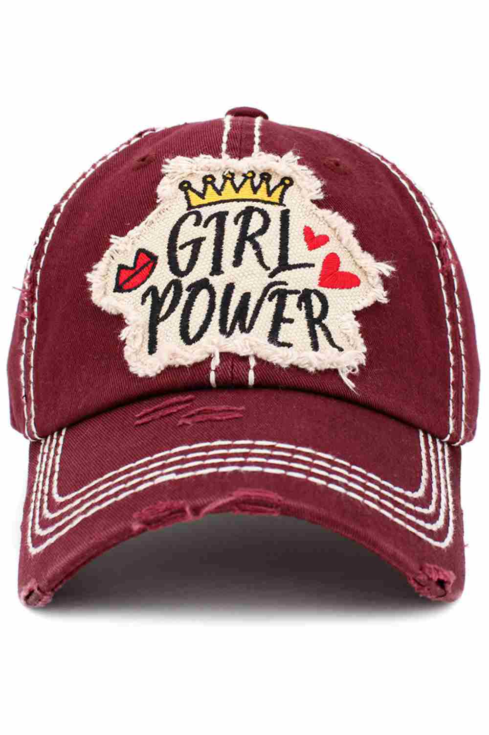 Maroon Make a bold statement with the Girl Power washed vintage cap, featuring a classic distressed finish and empowering embroidered design. Comfortable and adjustable for everyday wear, this laid-back cap adds confident style to casual outfits, errands, or weekend adventures.