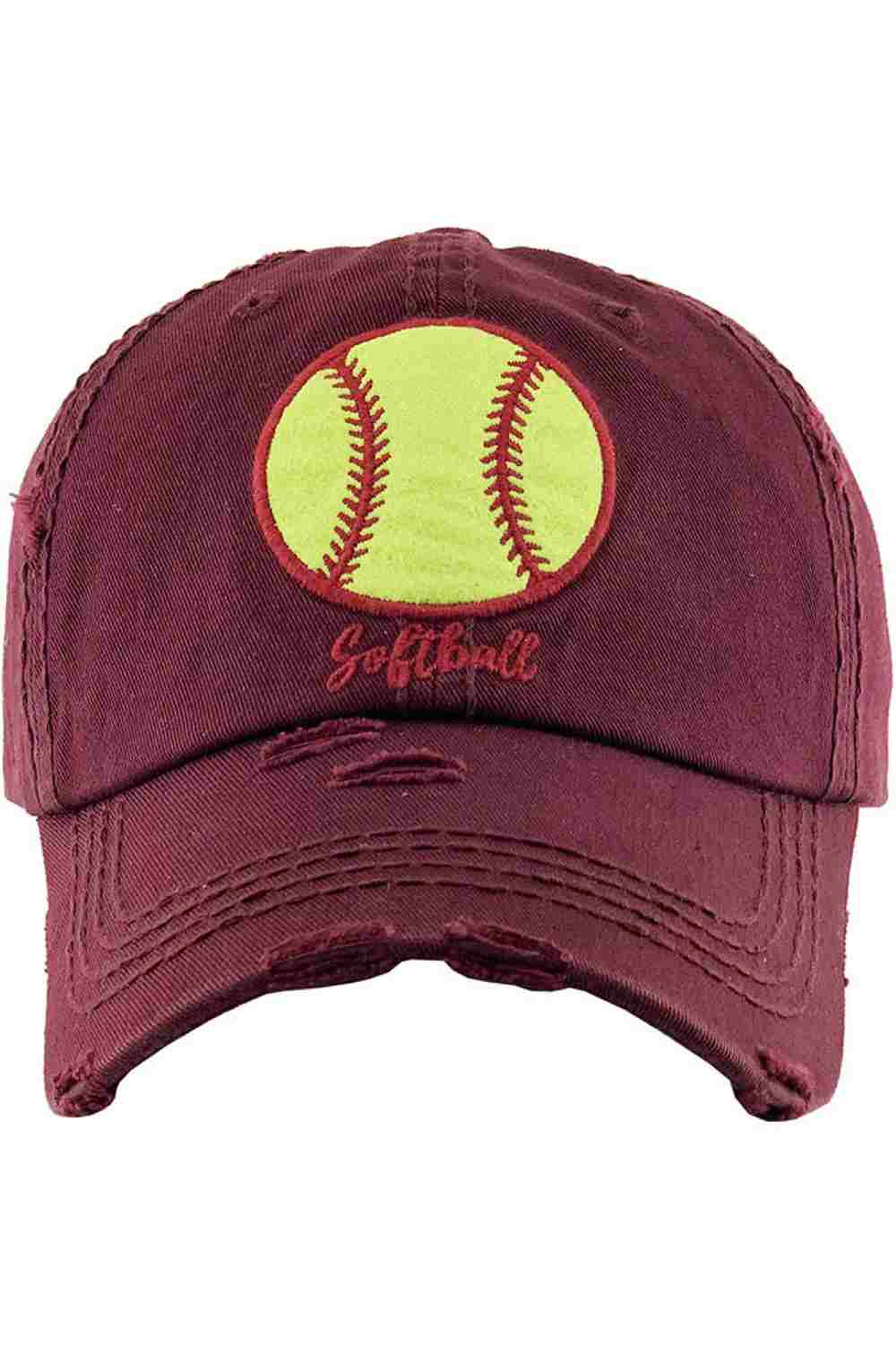 Maroon Show your love for the game with the Softball Vintage Distressed Baseball Cap, designed with a washed finish and classic curved brim for a relaxed, timeless look. Crafted from breathable cotton with an adjustable back closure, this cap offers comfortable all-day wear perfect for practices, games, or casual outings.