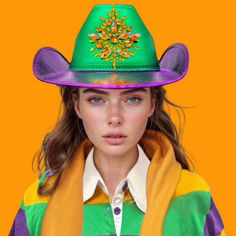 Multi Festive cowboy-style hat designed for parades, themed parties, and carnival celebrations. Features a decorative sequin design and structured western shape that elevates costumes, group outfits, photo ops, and event styling with bold, playful flair.