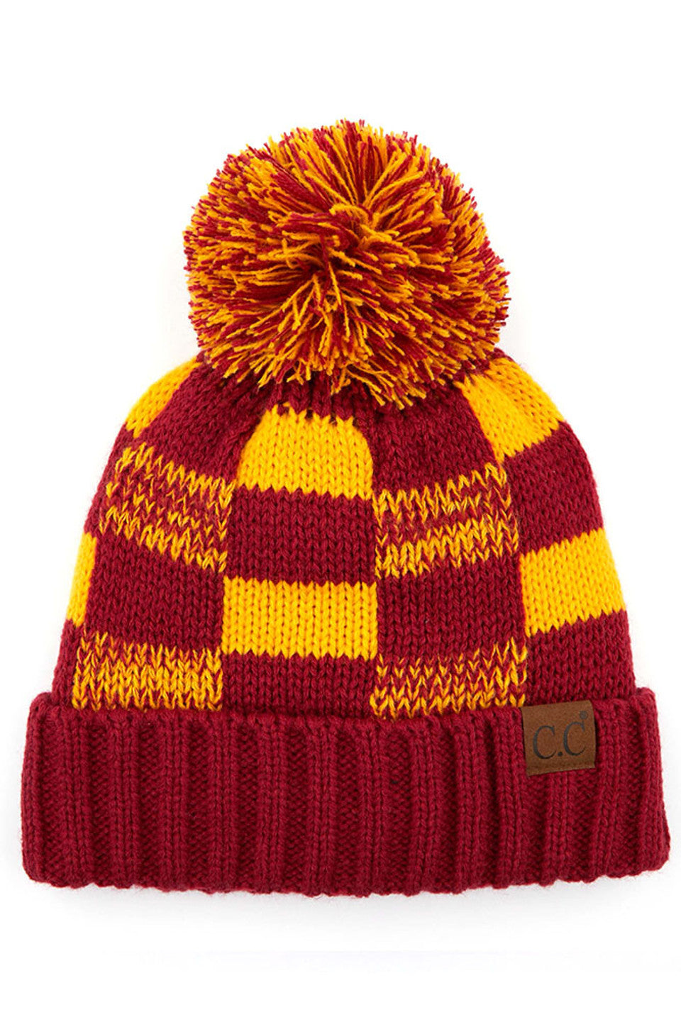 Maroon Gold C.C. Buffalo Check Beanie with Pom Hat combines technical performance with timeless design. Featuring a distinctive buffalo check pattern and decorative pom, this premium headwear delivers superior thermal retention while maintaining breathability. Precision-crafted construction ensures a comfortable fit that maintains shape through extended wear, making it an essential cold-weather accessory for the discerning customer. 