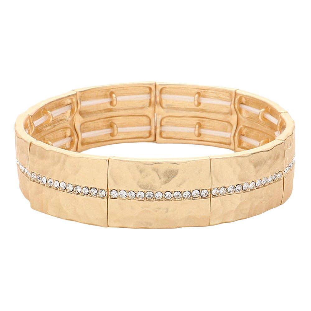 Matte-Gold-Stone Paved Line Center Pointed Hammered Metal Stretch Bracelet, This stylish Metal Stretch Bracelet has a stunning stone-paved line center and a hammered metal finish. With its stretchable design, it offers effortless comfort and versatility. Elevate your style with this must-have bracelet.
