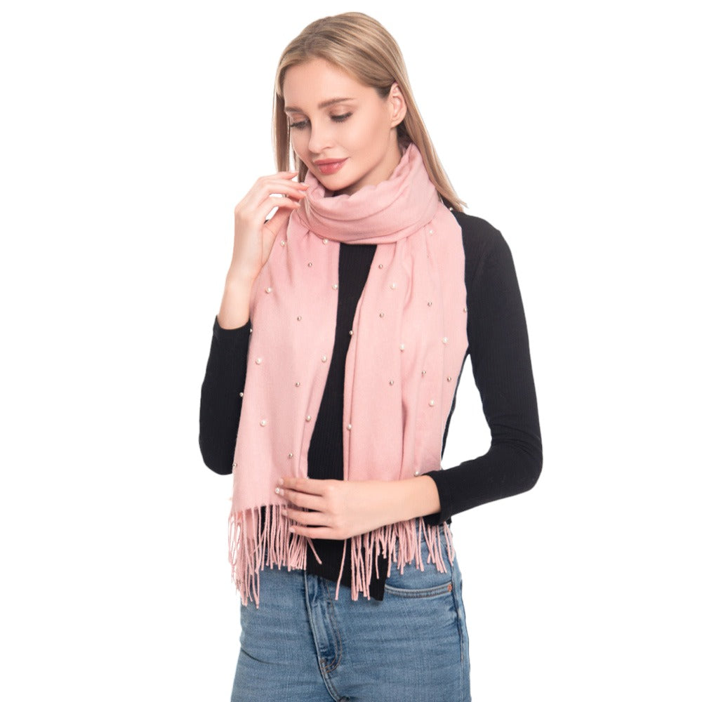 Mauve Pearl Embellished Solid Oblong Scarf, delicate, These Winter scarfs for women are elegant, and lightweight and can be added to any outfit to keep up with the latest color trends. Warm, on-trend & fabulous, a luxe addition to any cold-weather ensemble. Lovely pearl decoration makes you look chic and fashionable.