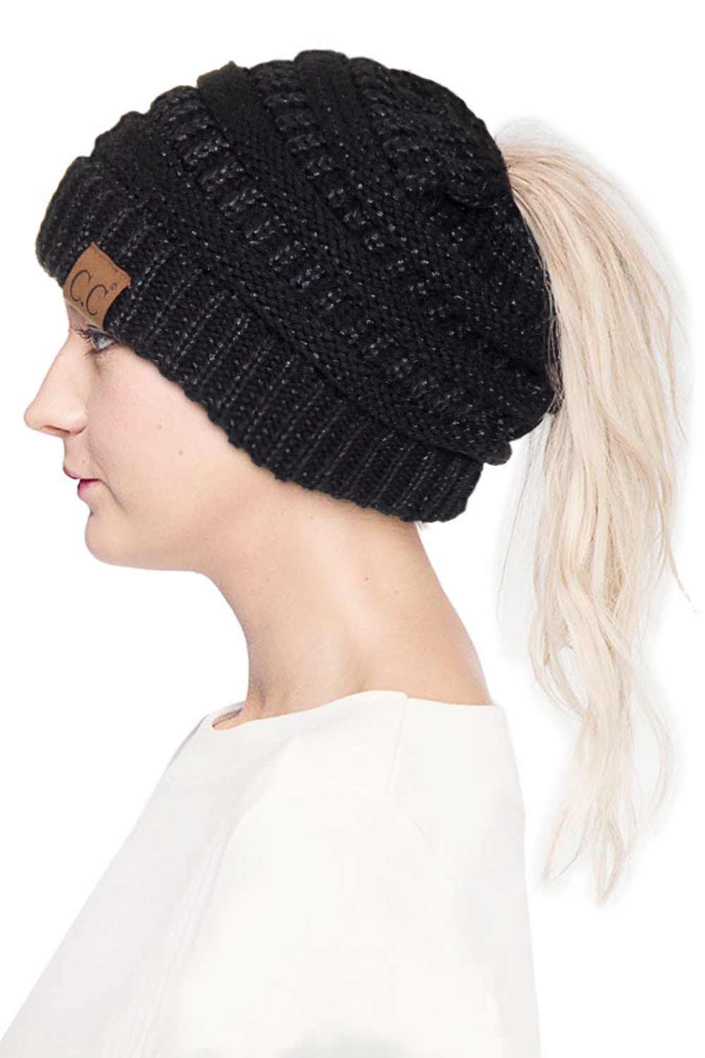 Black Stay cozy and stylish with the C.C Metallic Messy Bun Ponytail Beanie, designed for effortless everyday wear. Crafted from 100% acrylic, this lightweight beanie features a sleek metallic finish that adds a modern touch to any outfit.