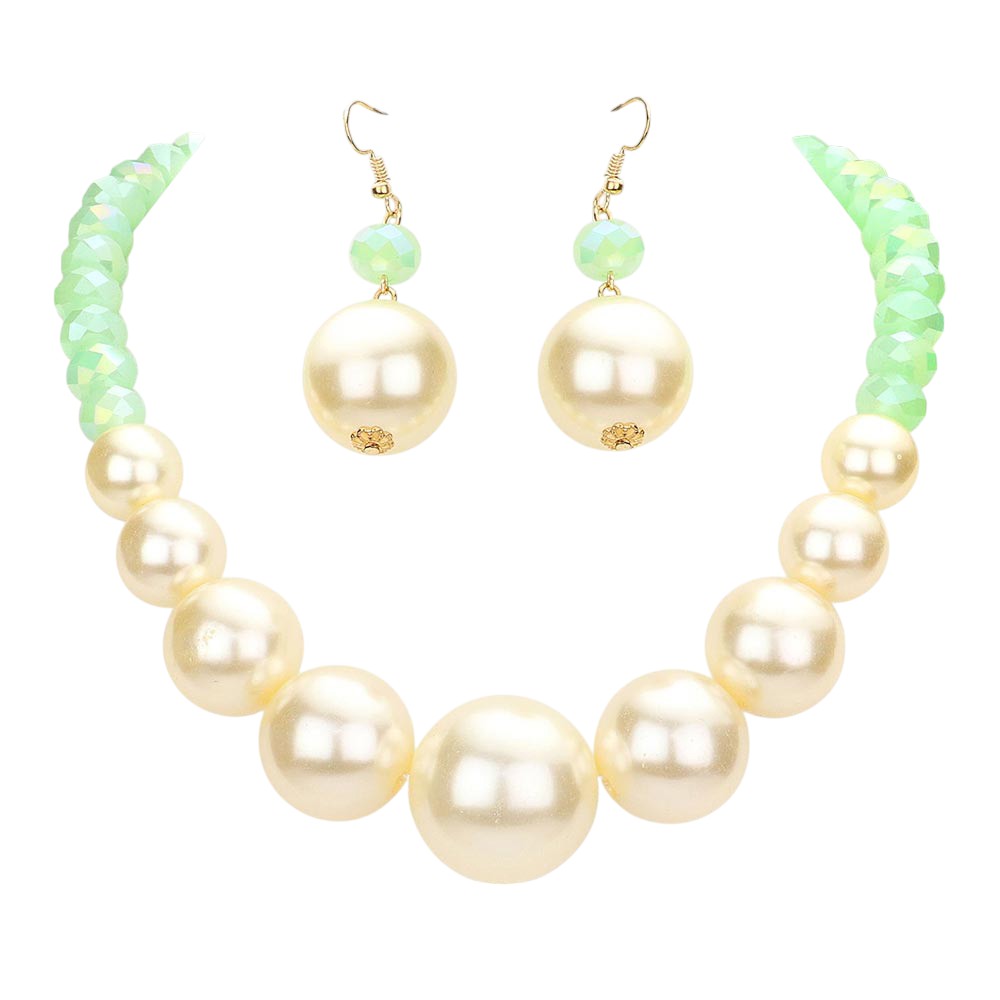 Faceted Beaded Chunky Pearl Necklace - Cream Mint - Necklace