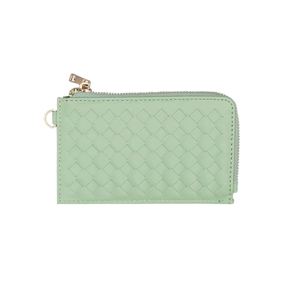 Faux Leather Basket Weave Flat Card Holder Wallet with Wristlet - Mint - Wallets