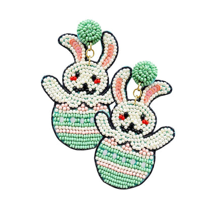 Felt Back Seed Beaded Easter Bunny Egg Dangle Earrings - Mint - Earrings