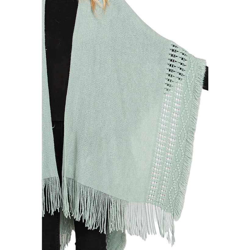 Mint Fringe Cut Out Knit Ruana Poncho, with the latest trend in ladies' outfit cover-up! the high-quality knit poncho is soft, comfortable, and warm but lightweight. It's perfect for your daily, casual, party, evening, vacation, and other special events outfits. A fantastic gift for your friends or family.